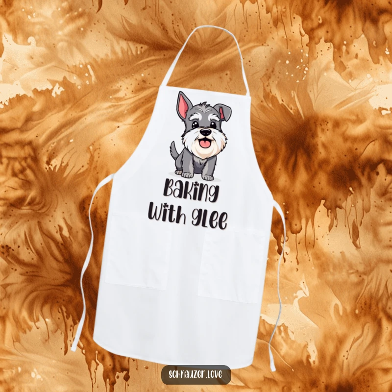 Funny Schnauzer Apron: Bearded schnauzer panting happily with a wagging tail, a humorous kitchen accessory.