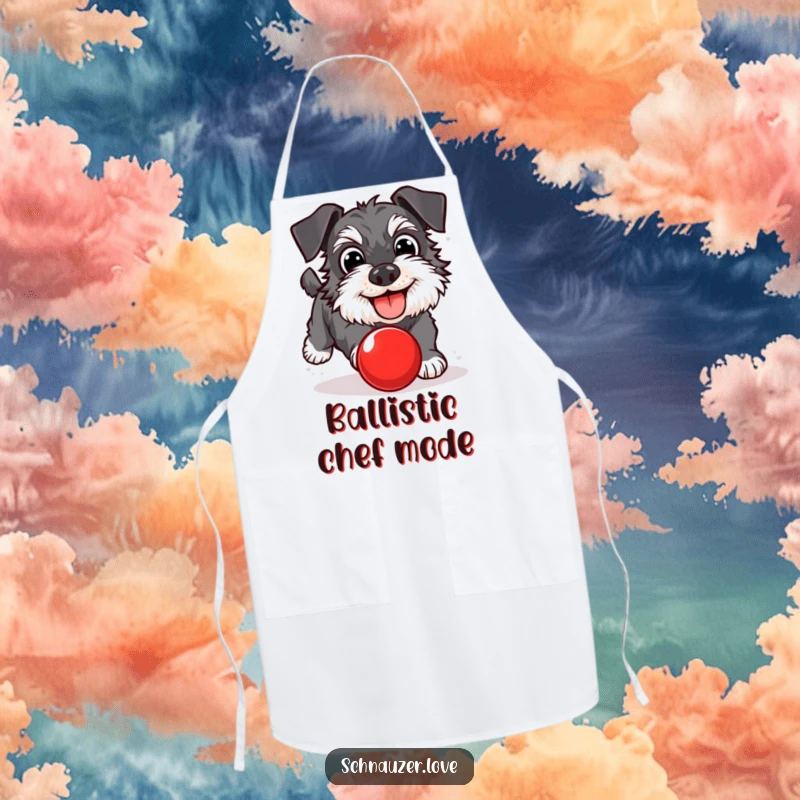 Funny Schnauzer Apron: A joyful dog with big eyes chasing a red ball. A humorous kitchen accessory, perfect funny gift.