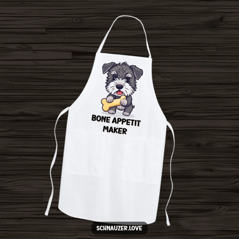 Funny Schnauzer Apron: A determined schnauzer with a bone toy, ready for action after a meal, a funny kitchen accessory.