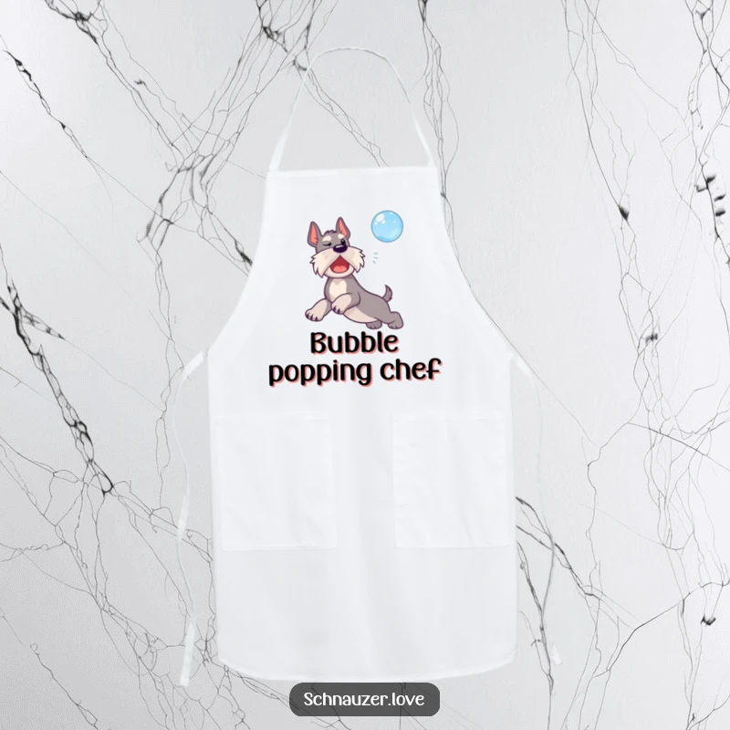 Funny apron showcasing a schnauzer dog leaping mid-air to catch a floating bubble.