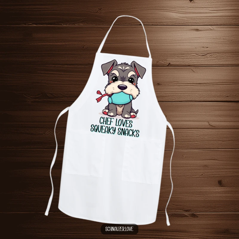 Funny Schnauzer Apron: Features a schnauzer character holding a small squeaky toy in its mouth, perfect for kitchen fun.