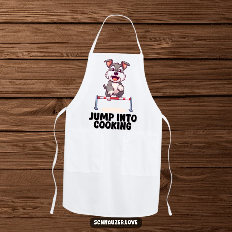 Funny Schnauzer apron showing a cute dog happily jumping over a tiny hurdle, bringing energetic fun to the kitchen.