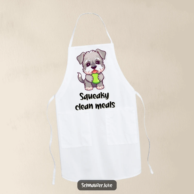 Funny Schnauzer apron featuring a fluffy dog with a squeaky toy, designed for kitchen fun and celebrating pet owners with humorous style.