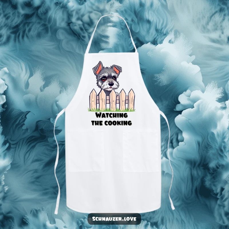 Funny Apron featuring a small schnauzer with expressive eyes peeking over a tiny fence, perfect for the kitchen observer.