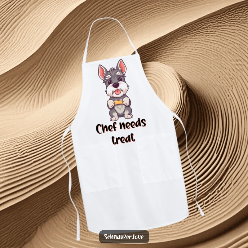 Funny Schnauzer apron showing a proud schnauzer holding a bone, ideal for kitchen fun and gifts.