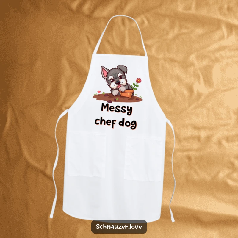 Funny schnauzer apron, a dog with dirt-covered paws, joyfully digging in a flower pot, ready to prepare a delicious meal.