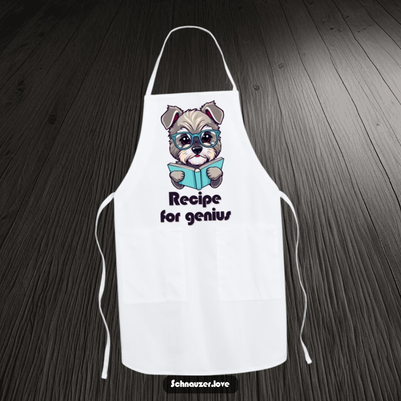 Funny schnauzer apron, a dog wearing reading glasses, holding a cookbook, ready to prepare a delicious and intelligent meal.