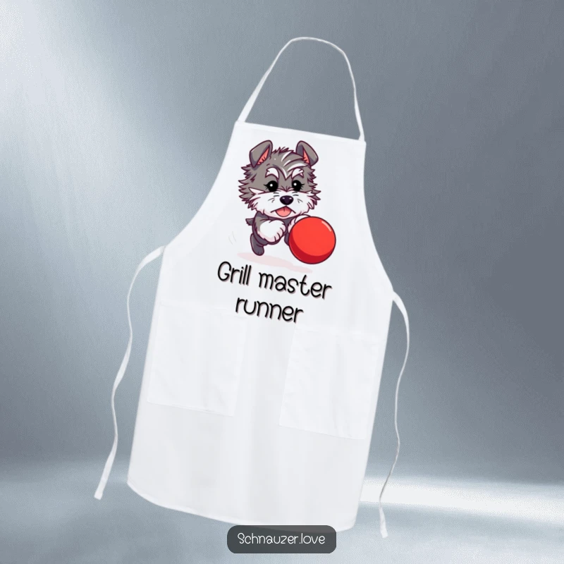 Funny apron showcasing a fluffy schnauzer character enthusiastically chasing a bouncing red ball, perfect for a playful chef.