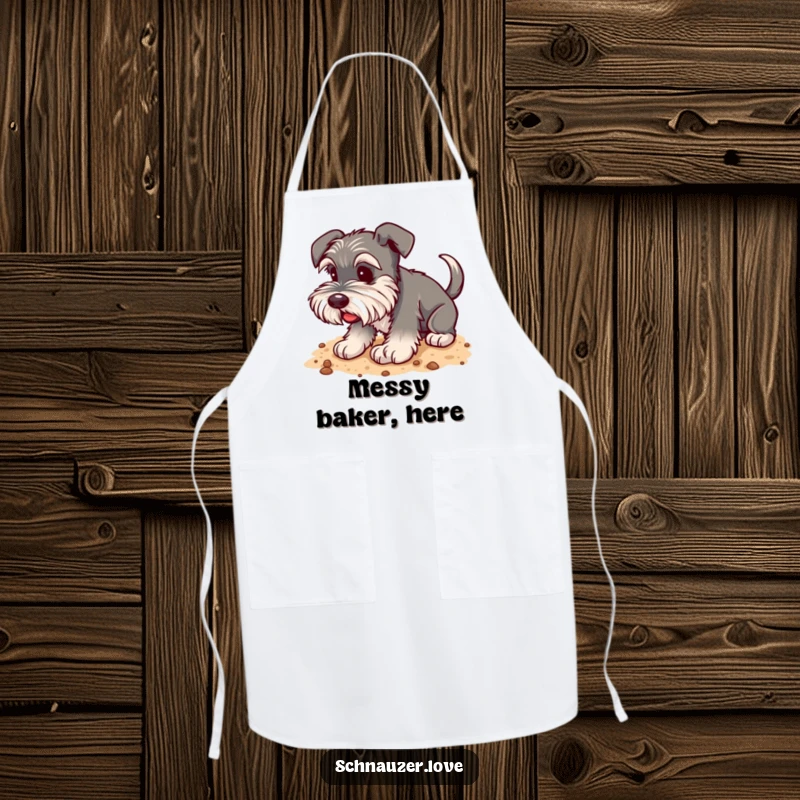 Funny Schnauzer Apron: A happy schnauzer with a wagging tail digging enthusiastically in soft soil, a chef’s delight.