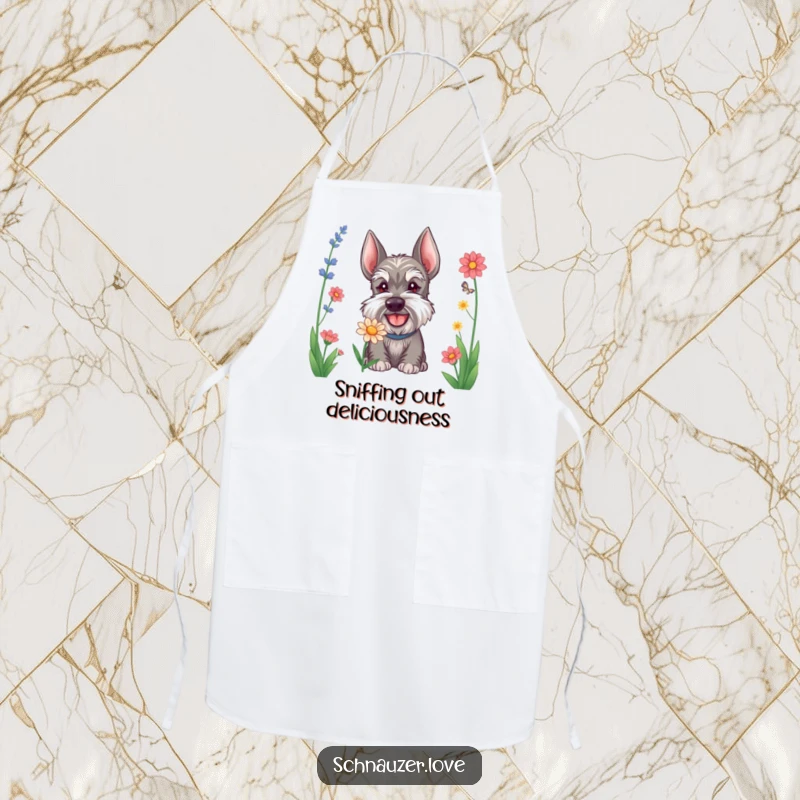 Funny Schnauzer apron for cooks, showing a happy dog sniffing a flower, combining kitchen practicality with canine humor.