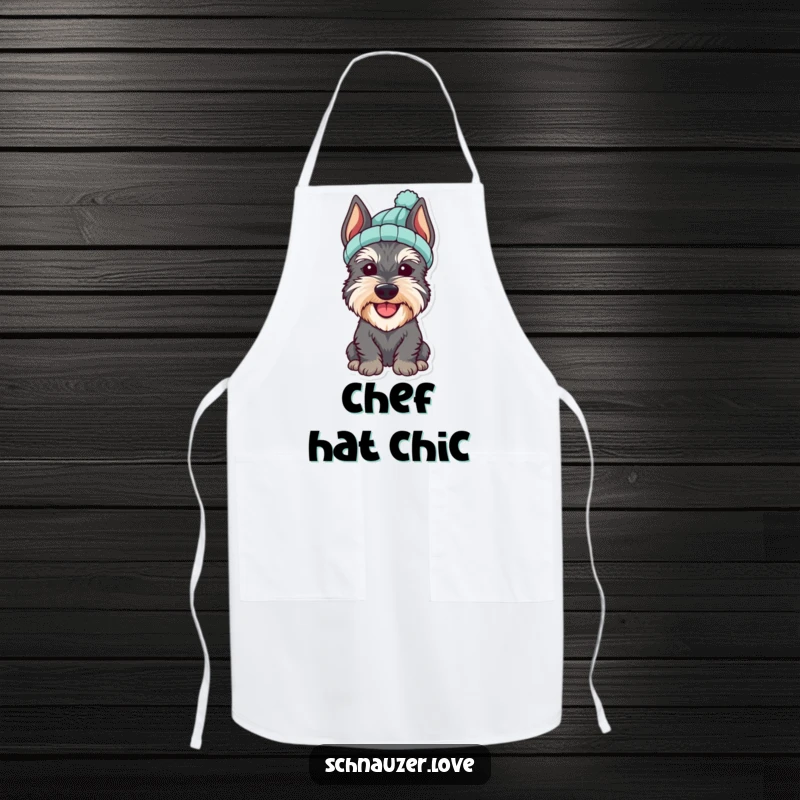 Funny Schnauzer Apron of a cheerful dog wearing a small knitted hat, making kitchen tasks more enjoyable.