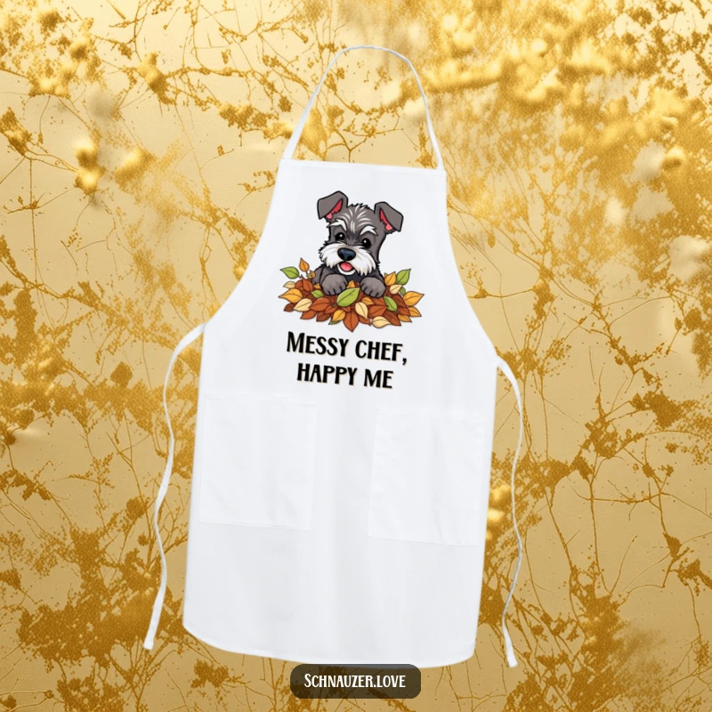 Funny Schnauzer Apron: Features a schnauzer digging playfully in a pile of leaves, ideal for autumn cooking adventures.