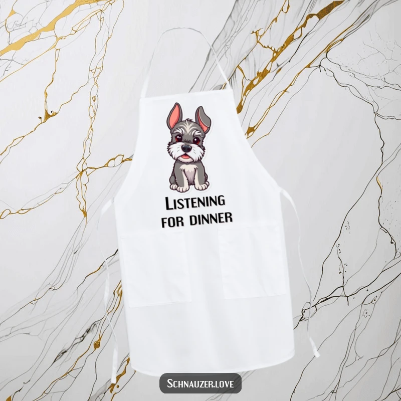 Funny Schnauzer apron showing a schnauzer with ears perked, listening intently to kitchen sounds and conversations.