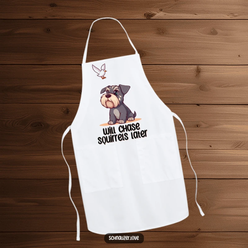 Funny Schnauzer Apron: Wide-eyed schnauzer watches a bird overhead, a humorous and practical accessory for the kitchen.