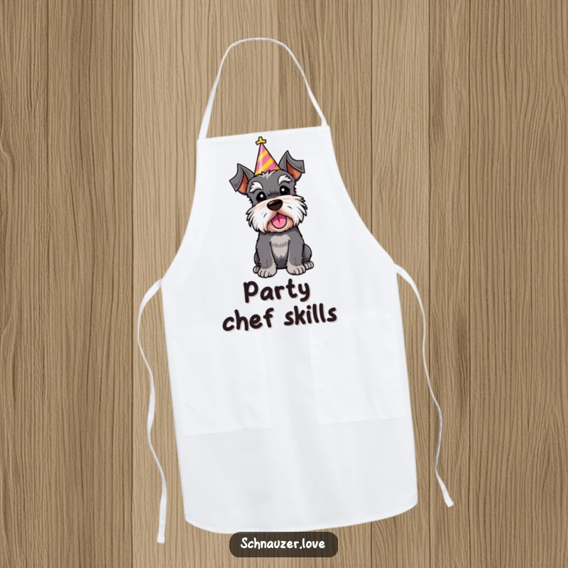 Funny apron showcasing a schnauzer character in a party hat, tilting its head curiously, perfect for a celebratory cook.