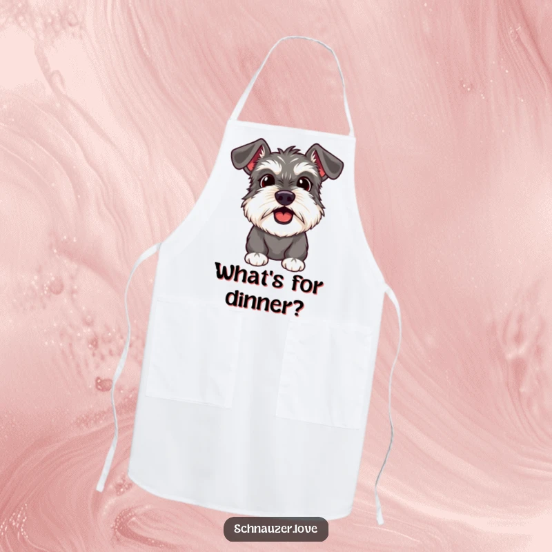 Funny Schnauzer Apron showing a surprised dog with its mouth slightly open, conveying a humorous reaction to cooking.