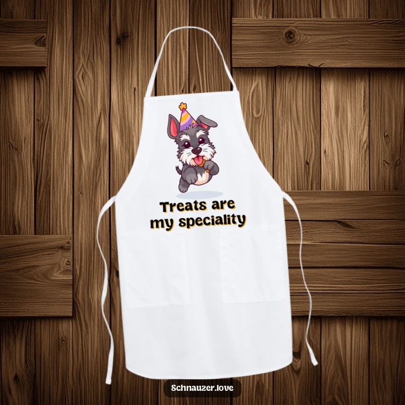 Funny Schnauzer apron featuring a dog in a party hat leaping for a treat, perfect for kitchen fun.