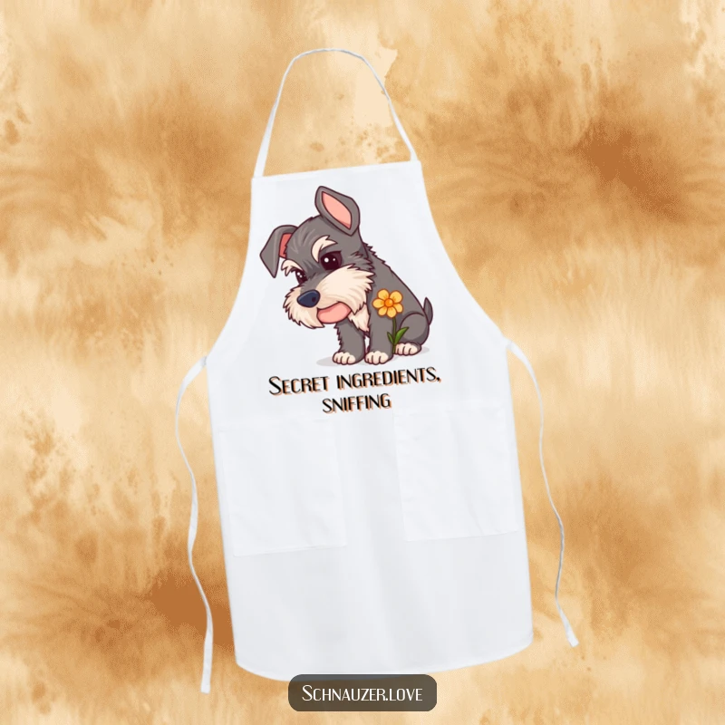 Funny Schnauzer Apron featuring a curious dog sniffing a flower, ready to assist with tasks while embodying gentle curiosity.