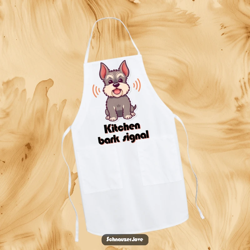 Funny Apron depicting a happy schnauzer silhouette with sound waves representing a playful bark, perfect for the kitchen.