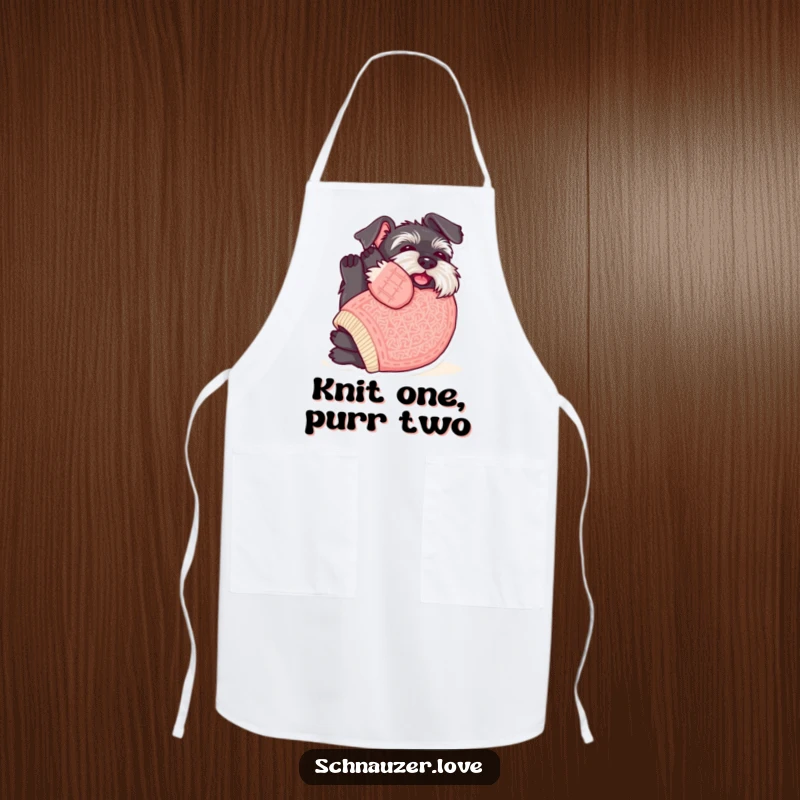 Funny Schnauzer Apron: Schnauzer in a sweater rolling for belly rubs, a humorous and practical kitchen accessory.