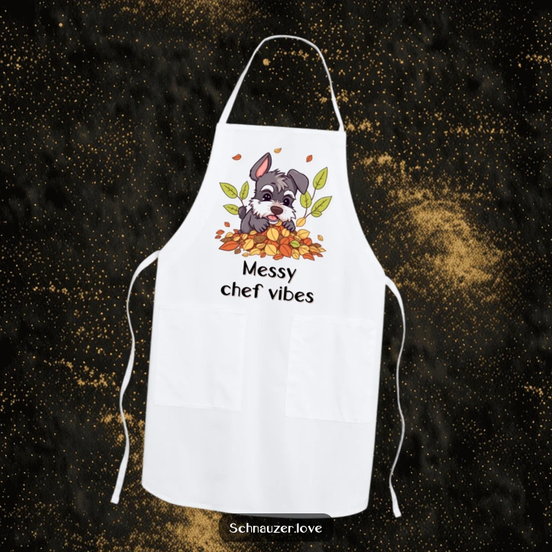 Funny Schnauzer Apron: A schnauzer character digging in a pile of autumn leaves, ideal for humorous kitchen adventures.