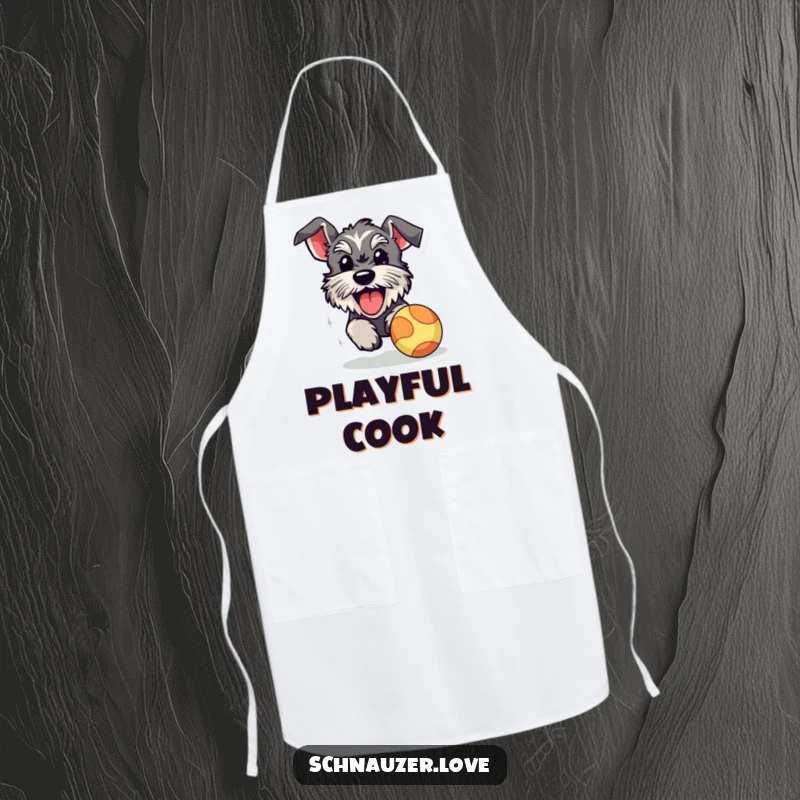 Funny schnauzer apron, a happy dog with its tongue out, chasing a bouncy ball, ready to prepare a fun meal.