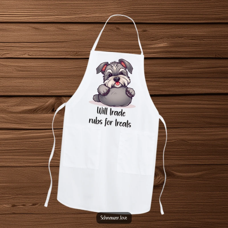 Funny Schnauzer Apron depicts a dog rolling over for belly rubs, perfect for chefs who enjoy humor and canine companionship while cooking.