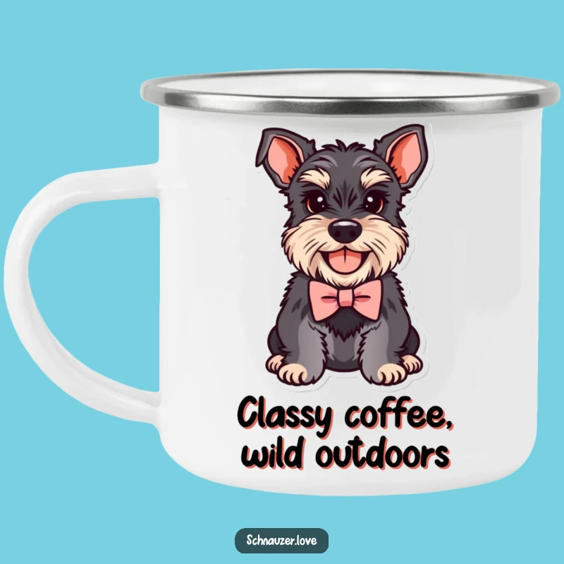 Adventure Ready Funny Schnauzer Bowtie Camping Mug: Sip in Style, A Perfect Funny Gift