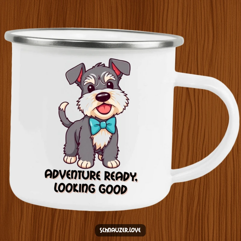 Funny Schnauzer camping mug showing a dog in a bow tie with a wagging tail, perfect for outdoor enthusiasts.