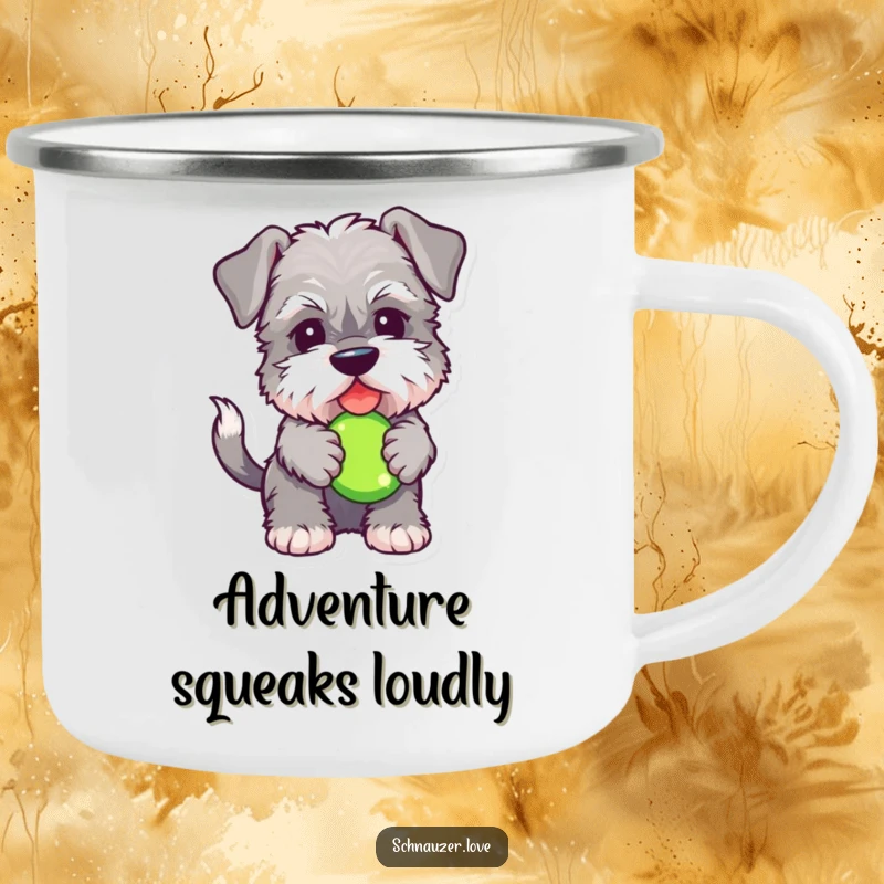 Funny Schnauzer camping mug featuring a fluffy dog with a squeaky toy, perfect for outdoor beverages with canine humor and durability.