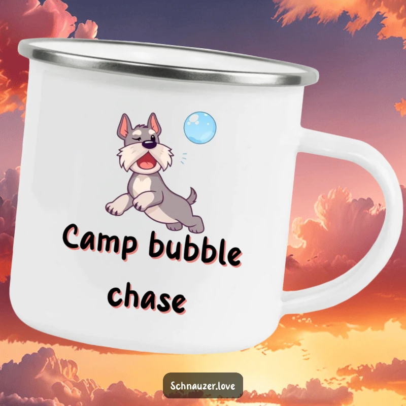 Funny camping mug showing a schnauzer dog leaping mid-air to catch a floating bubble.