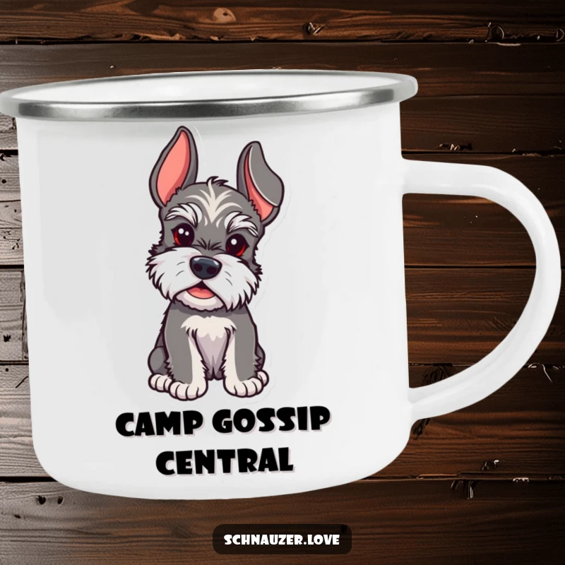 Funny Schnauzer camping mug showing a schnauzer with ears perked, listening intently to nature's sounds.
