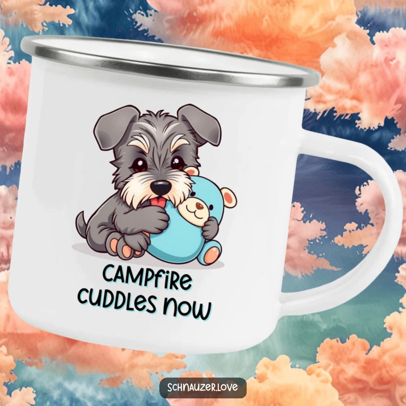 Funny Camping Mug: A schnauzer with floppy ears cuddles a plush toy, ideal for enjoying drinks outdoors with a dose of humor.