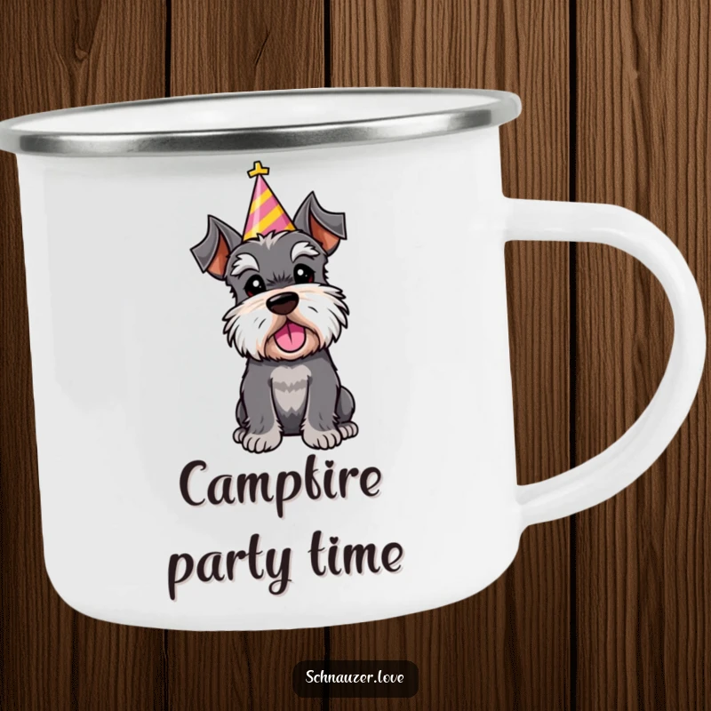 Funny camping mug depicting a schnauzer character wearing a party hat, tilting its head adorably, perfect for celebrating outdoors.