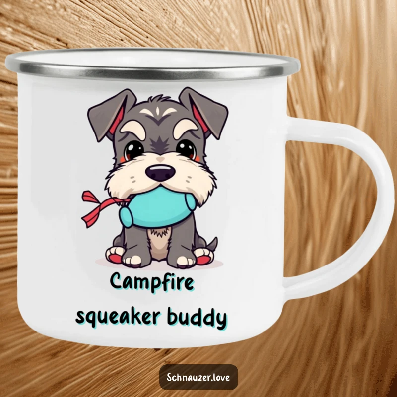 Funny Schnauzer Camping Mug: A schnauzer character holding a tiny squeaky toy, ready for outdoor fun and adventure.
