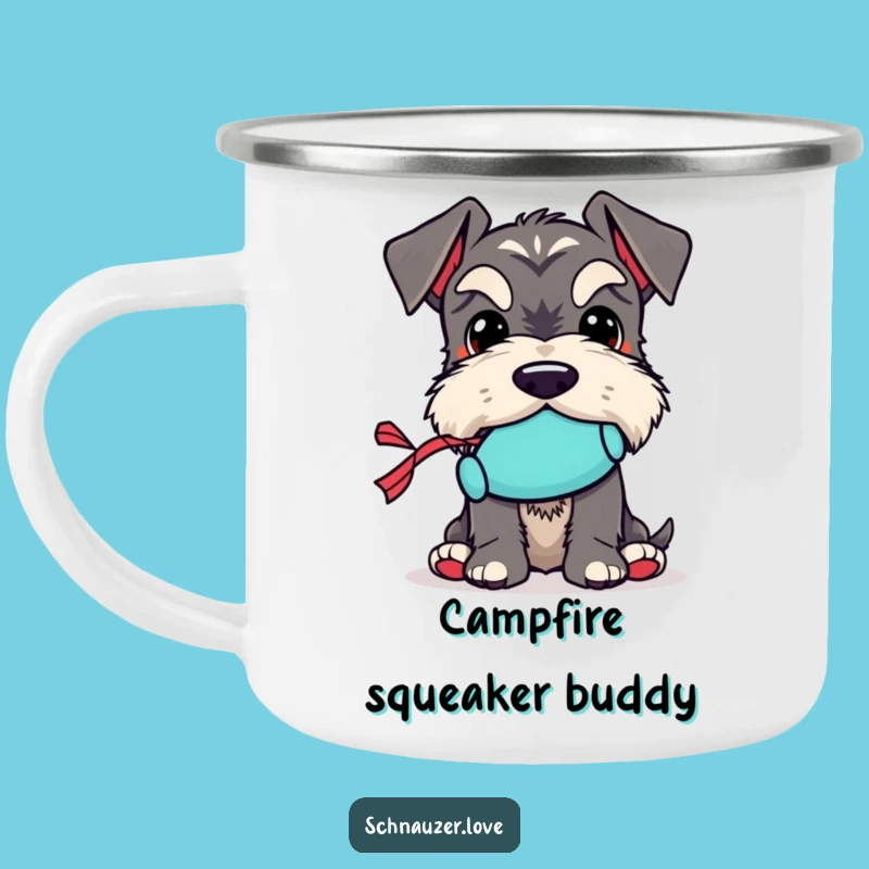 Funny Schnauzer Toy Camping Mug: Squeaky Toy Pup, Outdoor Adventure Gift
