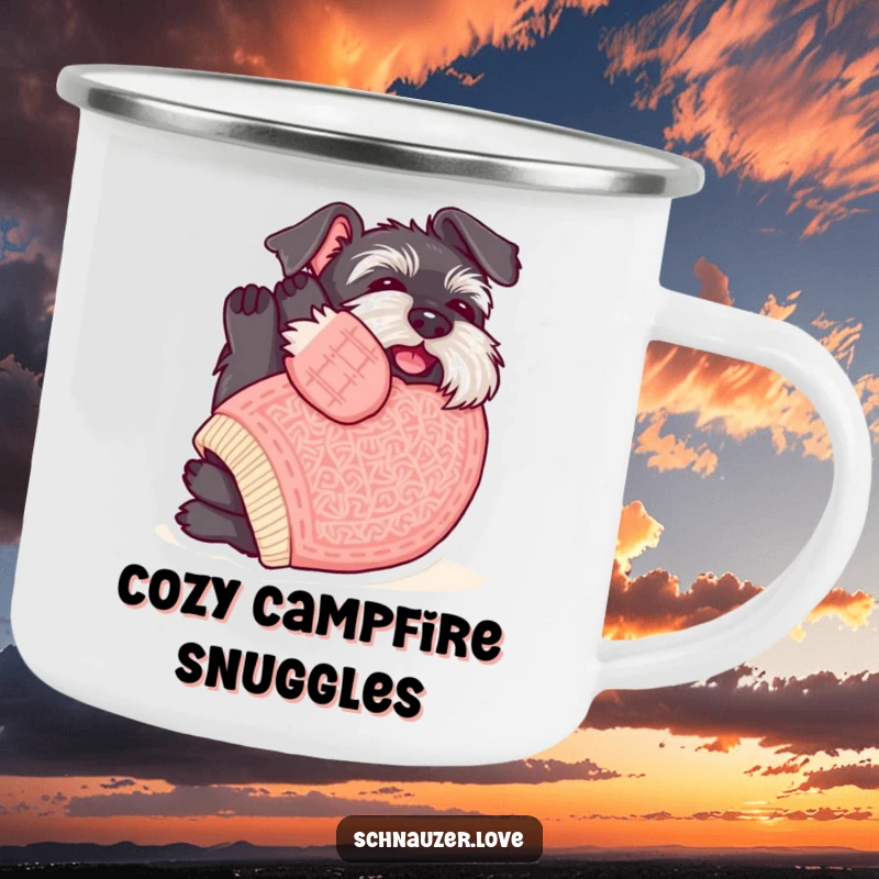 Funny Schnauzer Camping Mug: Schnauzer in a sweater rolling for belly rubs, designed for cozy and humorous outdoor moments.