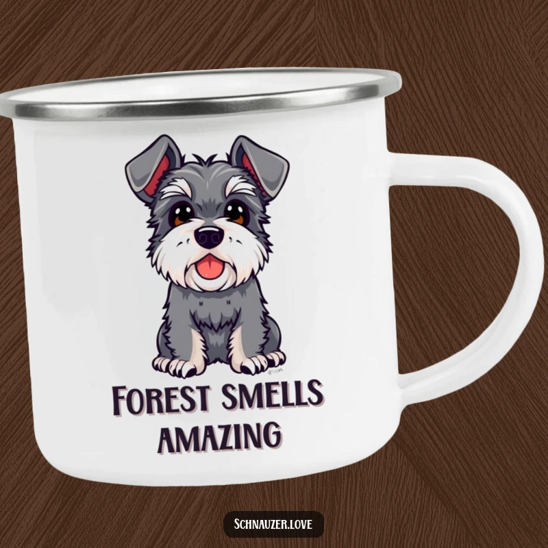 Funny Schnauzer Camping Mug: A schnauzer with characteristic floppy ears looks up curiously, a delightful companion for your outdoor journeys.