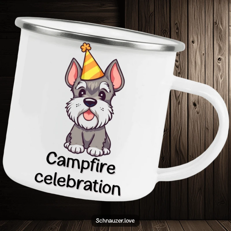Funny Schnauzer Camping Mug depicting a schnauzer wearing a party hat and tilting its head, ready for festive outdoor fun.