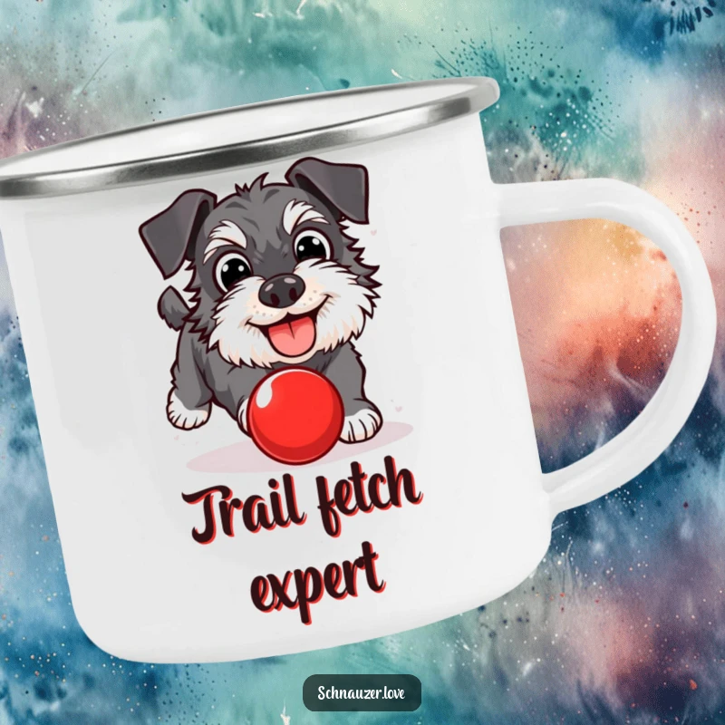 Funny Schnauzer Camping Mug: A happy dog chasing a red ball. Durable and humorous, perfect for camping trips.