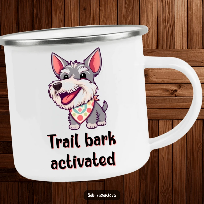Funny Camping Mug: A schnauzer in a patterned bandana barks with excitement, ideal for enjoying drinks outdoors with a humorous spirit.
