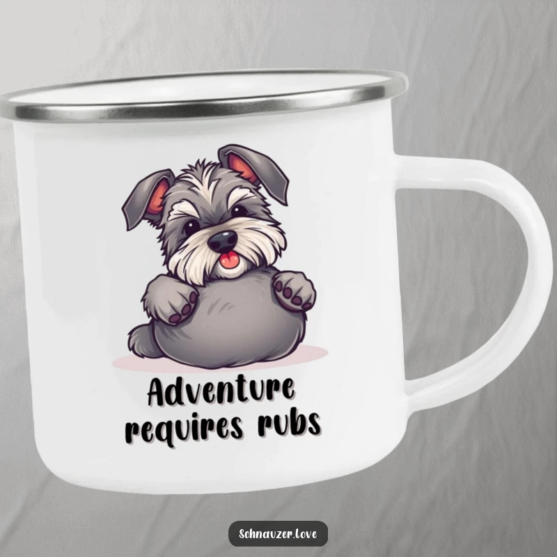 Funny Schnauzer Camping Mug shows a happy dog asking for belly rubs, perfect for coffee or tea during outdoor adventures, adding humor.