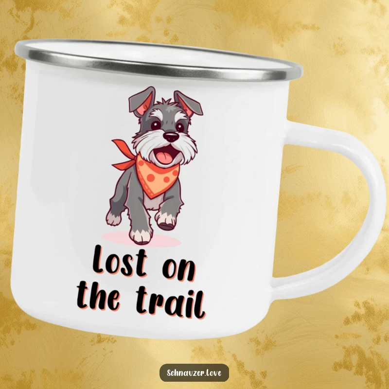Funny Schnauzer camping mug showing a silly dog in a bandana chasing its tail, perfect for outdoor enthusiasts.