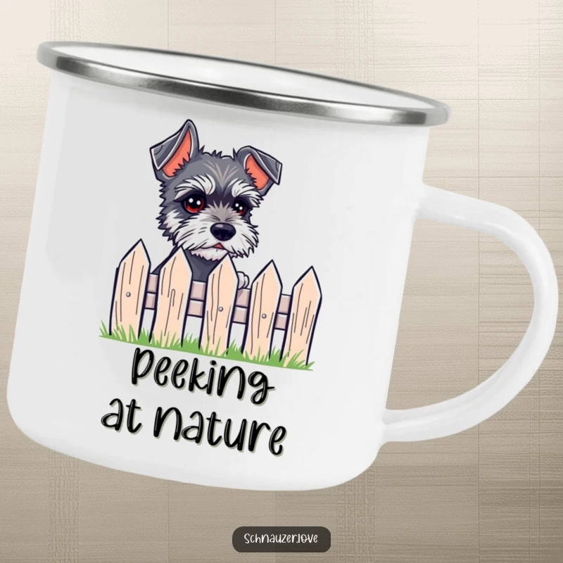 Funny Camping Mug showing a small schnauzer with expressive eyes peeking over a tiny fence, perfect for outdoor observation.