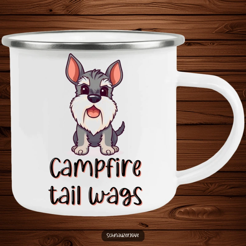 Funny Camping Mug showing a stylized schnauzer with a perky beard, its tail wagging energetically, perfect for outdoor sipping.