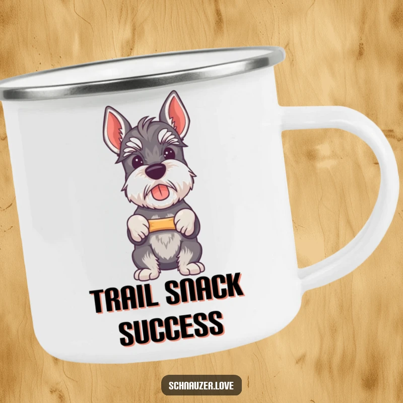 Funny Schnauzer camping mug depicting a proud schnauzer holding a bone, a durable gift for adventurers.