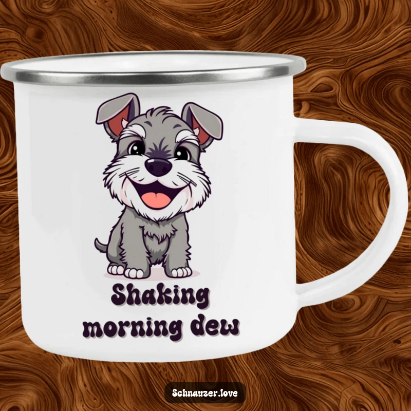 Funny Camping Mug: A schnauzer with a happy grin shakes its body, ideal for enjoying drinks outdoors with a dose of pure joy.