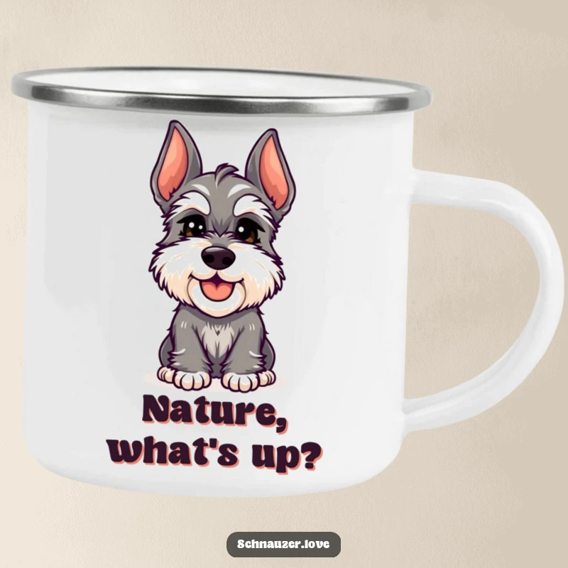 Funny Schnauzer Camping Mug: A cheerful schnauzer tilts its head inquisitively, perfect for enjoying drinks outdoors with cute charm.