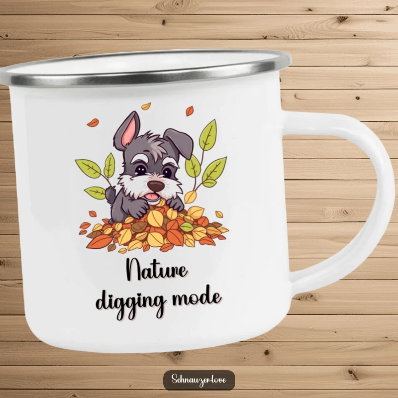 Funny Schnauzer Camping Mug: Character digging in autumn leaves, durable and humorous, ideal for outdoor enthusiasts.
