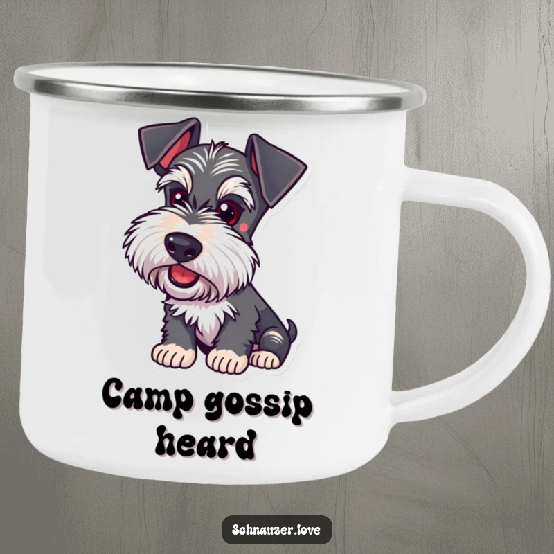 Funny Schnauzer Camping Mug: A dog with ears perked listens intently, perfect for drinks during outdoor listening sessions.
